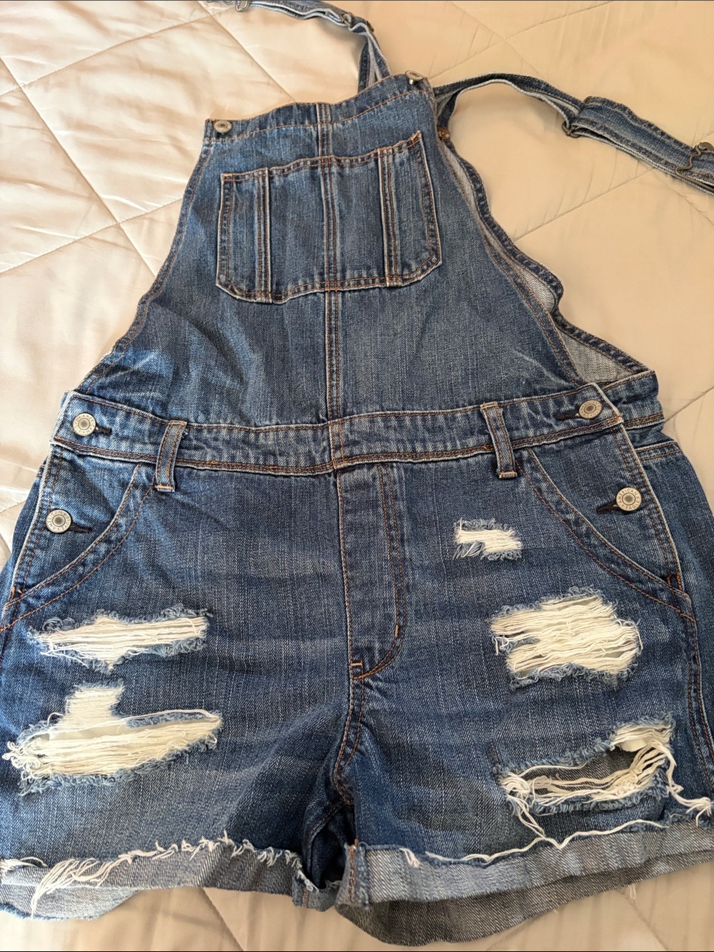 American Eagle Outfitters Distressed Blue Denim Short Overalls